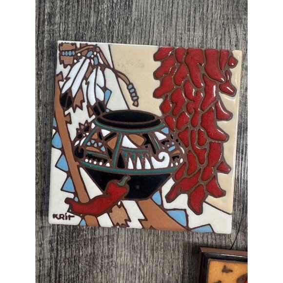 Vintage Earthtones Southwestern Art 6” Tiles Set 1990s Hand painted KRIT - Picture 3 of 11